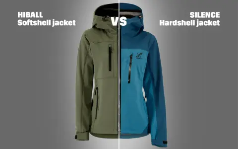 Zielona kurtka softshell HIBALL obok niebieskiej kurtki hardshell SILENCE.