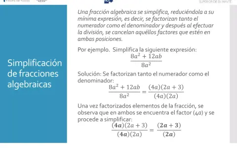 Logos de instituciones educativas y una explicación de cómo simplificar fracciones algebraicas con ejemplos.