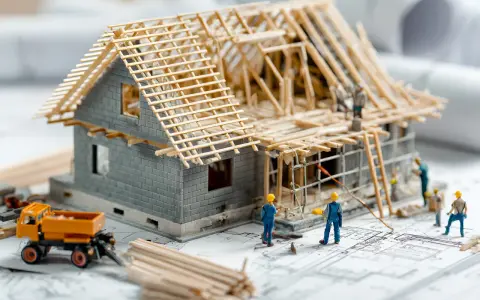 Modellhaus im Rohbau mit kleinen Arbeitern, Bauplänen und einem Bagger. Einblick in die **Kosten Neubau**.