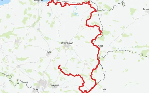 Mapa z zaznaczoną trasą rowerową wzdłuż Mierzei Wiślanej i dalej na południe przez Polskę, docierającą do Lwowa.