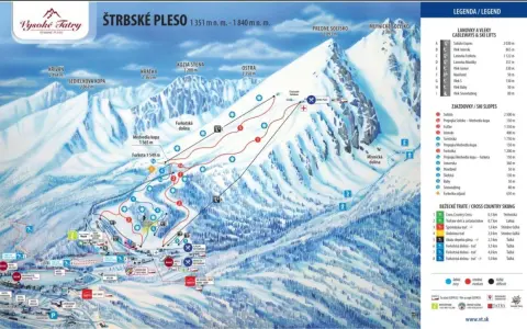 Mapa strediska Štrbské Pleso s vyznačenými zjazdovkami, lanovkami a vrcholmi ako Kriváň a Kozia stena.