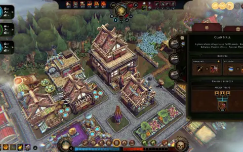 Vista isométrica de un asentamiento en un juego de **juegos de gestión pc**. Se aprecian edificios de madera, un huerto y un menú de información del "Clan Hall".