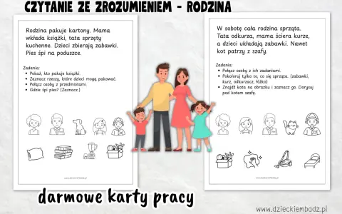 Karty pracy "Czytanie ze zrozumieniem - Rodzina" dla 3 latka. Dzieci ćwiczą czytanie i dopasowywanie obrazków do tekstu.