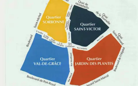 Carte des quartiers du Quartier Latin à Paris : Sorbonne, Saint-Victor, Val-de-Grâce, Jardin des Plantes.