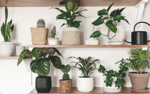 Estanterías llenas de **plantas que purifican el aire**, como sansevieria, pothos y calatheas, junto a cactus y una figura de Buda.