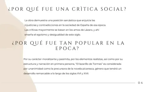 Resumen del Lazarillo de Tormes: crítica social, egoísmo y desigualdad. Su popularidad se debe a su carácter moralizante y realista, precursor de la novela picaresca.