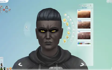 Tworzenie postaci w The Sims 4: mroczny Sim z żółtymi oczami i szarą skórą, gotowy do rozgrywki.