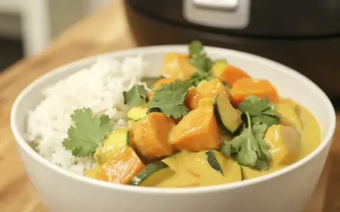Un bol de riz blanc servi avec un curry de légumes coloré, garni de coriandre fraîche.