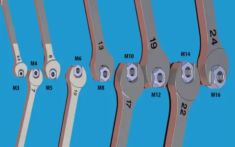 Klucze nasadowe dopasowane do śrub M3-M16. Ilustracja pokazuje, jak zmierzyć rozmiar imbusa, dopasowując klucz do nakrętki.