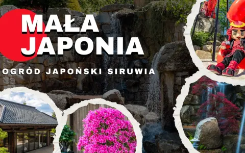 Ogród japoński Karpacz: wodospady, kwitnące azalie, tradycyjny dom i maskotka samuraja.