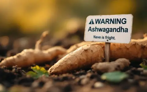 Racines d'ashwagandha fraîchement récoltées, avec un panneau "Attention Ashwagandha". Avis sur l'ashwagandha.