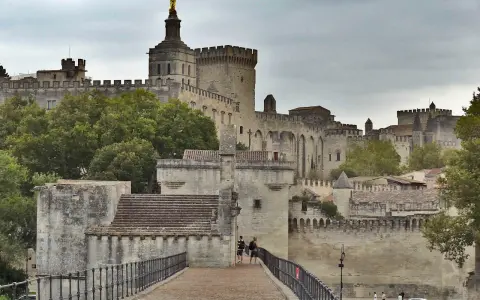 Le Palais des Papes, un incontournable pour tout guide Avignon, se dresse majestueusement. Des touristes explorent ce site historique.
