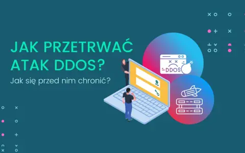 Grafika ilustruje, jak przetrwać atak DDoS. Widzimy laptop z ikoną bomby i napisem "-DDOS", symbolizującą zagrożenie.