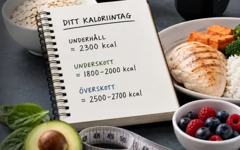 En anteckningsbok visar hur många kalorier per dag kvinna behöver för underhåll, underskott och överskott. Bredvid finns mat som kyckling, ris, grönsaker, bär och avokado.