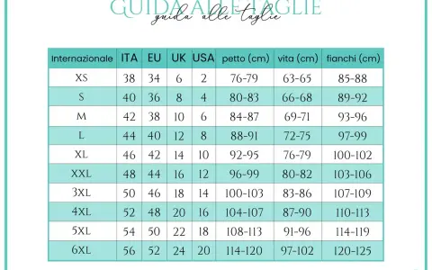 Tabella taglie: la L corrisponde a ITA 44, EU 40, UK 12, USA 8, con misure petto 88-91 cm, vita 72-75 cm, fianchi 97-99 cm.