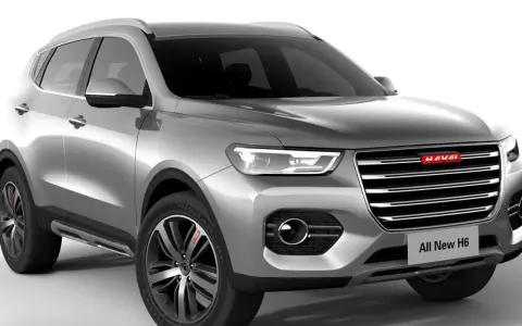Srebrny SUV Haval H6 z nowoczesnym grillem i światłami LED.