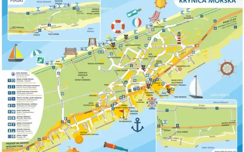 Mapa Krynicy Morskiej i Mierzei Wiślanej z zaznaczonymi atrakcjami, portami i ścieżkami.