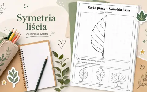 Karta pracy z ćwiczeniem symetrii liścia. Dzieci rysują drugą połowę liścia, ćwicząc oś symetrii.