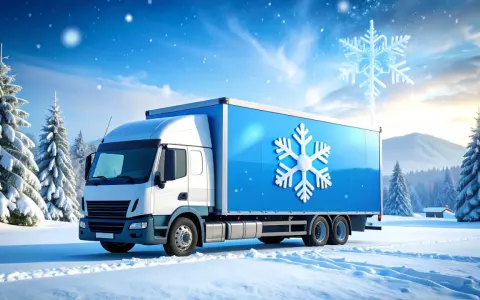 Biała ciężarówka z niebieską naczepą i symbolem płatka śniegu, gotowa do transportu chłodniczego przez zimowy krajobraz.