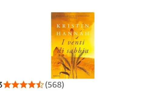 Copertina del libro "I venti di sabbia" di Kristin Hannah, con un mulino a vento, spighe di grano e un fienile sotto un cielo arancione.