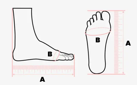 Illustrazione che mostra come misurare il piede: lunghezza (A) e circonferenza (B) con righelli.