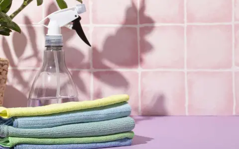 Stack of colorful microfiber cloths next to a spray bottle, ready for cleaning. Learn how to clean microfiber cloth effectively.