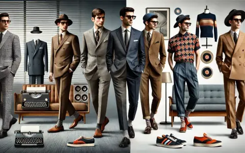 Eleganccy mężczyźni w garniturach, prezentujący styl glamour moda męska. W tle manekin w garniturze, maszyny do pisania i meble retro.