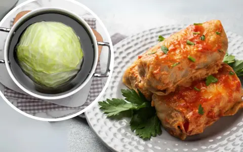 Kapusta włoska w garnku i gotowe gołąbki na talerzu. Inspiracje na kapusta włoska przepisy.