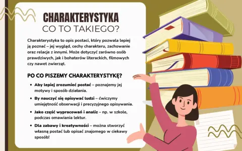 Co to charakterystyka? To opis postaci, jej wyglądu, cech, zachowania i relacji. Pomaga zrozumieć motywy, ćwiczy obserwację i analizę.
