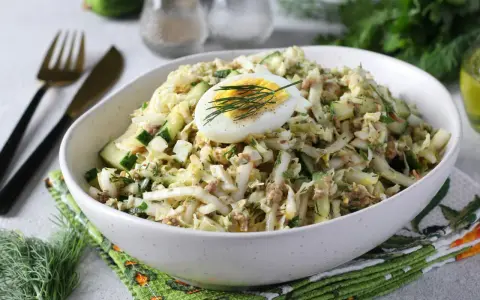 Lekka sałatka z tuńczykiem, jajkiem i ogórkiem, udekorowana koperkiem. Idealna na szybki lunch.