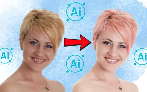 Comparación de antes y después de un programa de retoque fotográfico con IA, mostrando un cambio de cabello rubio a rosa y mejora de la piel.