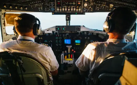 Dwóch pilotów w kokpicie samolotu. Zastanawiasz się, ile zarabia pilot samolotu? To odpowiedzialna praca.