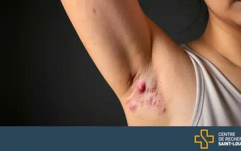 Gros plan sur des boutons sous les aisselles, certains enflammés, sur la peau d'une personne.