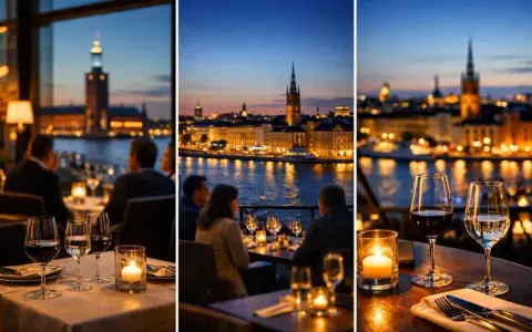 En fin restaurang i Stockholm med fantastisk utsikt över stadens silhuett vid skymningen. Bord med levande ljus och vin.