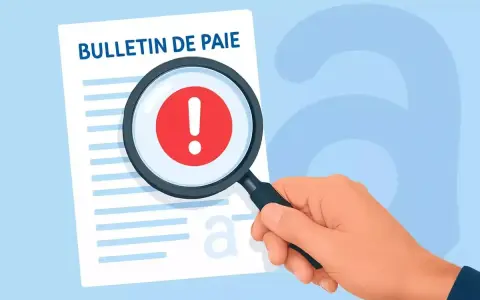 Une loupe examine un bulletin de paie avec un point d'exclamation rouge. Cela pourrait symboliser une erreur ou un problème, comme dans le calcul temps de navigation maritime.