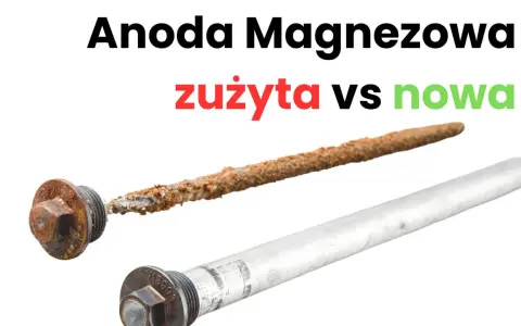 Zużyta, skorodowana anoda magnezowa w bojlerze obok nowej, lśniącej.
