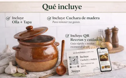 La cocina de barro incluye olla, tapa, cuchara de madera para tus guisos y QR con recetas.