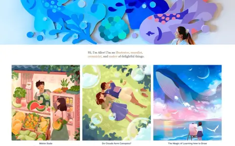 Alice, une artiste, crée des illustrations vibrantes, dont une scène de marché de fruits et une jeune fille peignant une baleine volante.