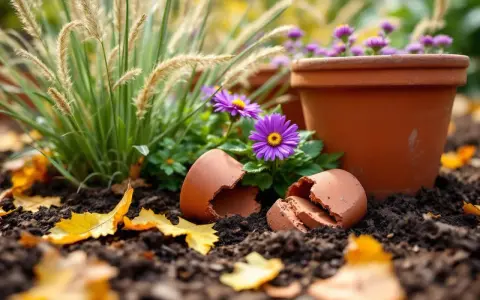 Des pots en terre cuite, des fleurs violettes et de l'herbe ornementale pour créer un jardin de pots. Des feuilles d'automne jonchent le sol.