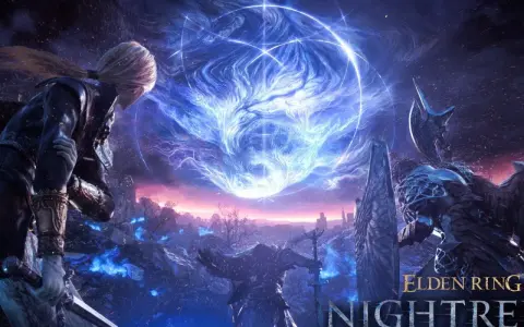 Un guerrero con túnica mira un vórtice azul brillante en el cielo. En el primer plano, un caballero con armadura se enfrenta a un enemigo imponente. Elden Ring Nightreign.