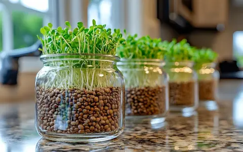 Des lentilles en germination dans des bocaux en verre, montrant comment pousse les lentilles avec leurs racines blanches et leurs jeunes pousses vertes.