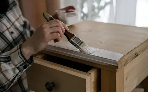 Persona pinta muebles de madera con brocha blanca.