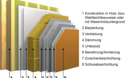 Detailansicht einer Wandkonstruktion: Holzbau mit WDVS auf Holz kleben, inklusive Dämmung, Putz und Armierung.