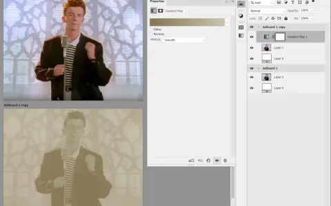 Rick Astley w kadrze, z efektem złoty kolor photoshop. Widoczny panel warstw i właściwości.