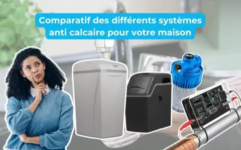 Comparatif de systèmes anti-calcaire pour votre maison. Une femme réfléchit face à des appareils pour traiter l'eau très calcaire.