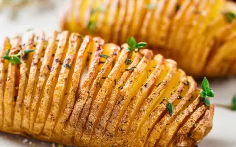 Deux pommes de terre hasselback dorées et croustillantes, garnies d'herbes fraîches. Un délice visuel et gustatif.