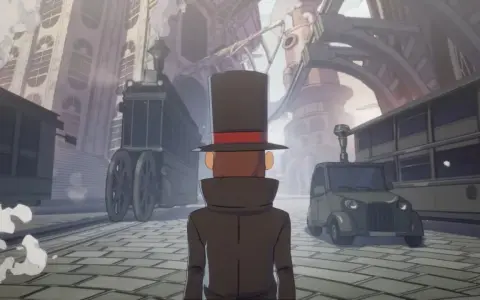 El Profesor Layton explora un mundo a vapor con trenes y un coche retro.