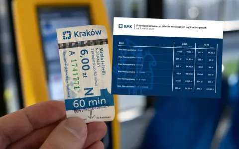 Bilet komunikacji miejskiej w Krakowie i tabela z propozycjami zmian cen biletów miesięcznych. Planujesz podróż pociągiem z Krakowa do Lublina?