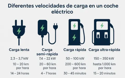 Gráfico muestra cuántos kW carga un coche eléctrico: lenta (2,3-3,7 kW), semi-rápida (7,4-22 kW), rápida (50-100 kW) y ultra-rápida (150-350 kW).