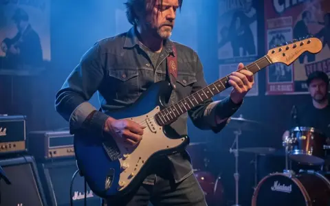 Un guitariste joue sur scène, évoquant l'esprit de qui a inventé le blues. Des affiches de concerts et des amplis Marshall créent une ambiance rock.